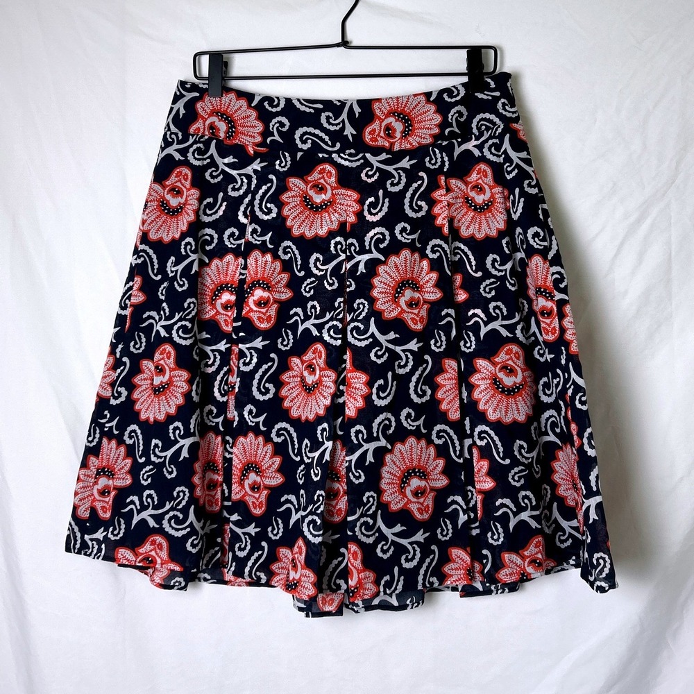 Talbots Womens Floral Paisley Pleated A-Line Skirt Size 6 Navy Blue Red Coastal